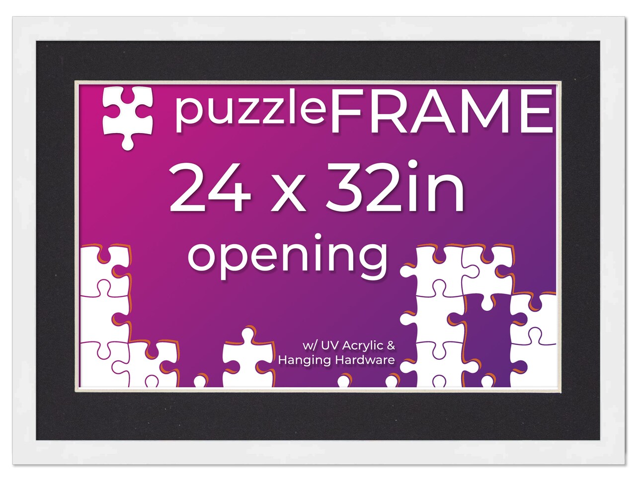 24x32 Jigsaw Puzzle Frame Kit - Kit Includes Puzzle Glue Sheets, White Wood Puzzle Frame with Black Mat, UV Acrylic, Backing,, Hanging Hardware